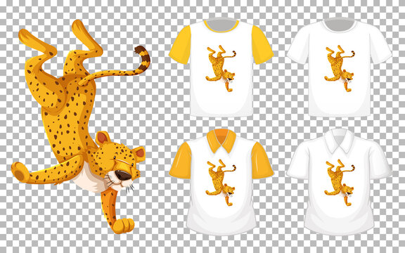 Leopard in dancing position cartoon character with many types of shirts on transparent background