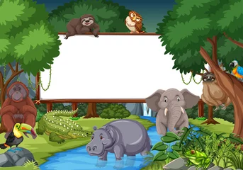 Fototapete Rund Blank banner in the rainforest scene with wild animals © blueringmedia