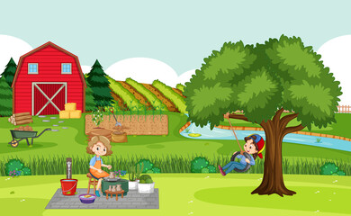 Happy family in farm scene with red barn in field landscape