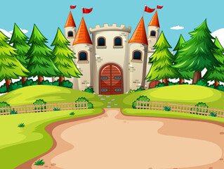 Outdoor scene with big castle and nature elements