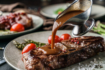 Delicious grilled beef steak with spices on plate with tomatoes and barbecue sauce over dark...