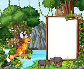 Forest scene with empty banner and many wild animals