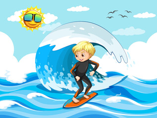 Big wave in the ocean scene with boy standing on a surf board