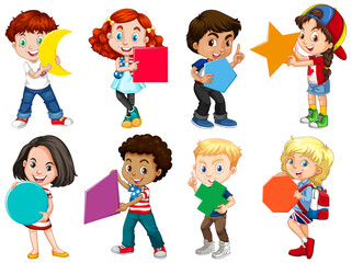 Set of different children holding different shapes