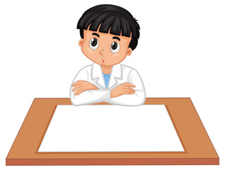 A boy wearing scientist gown with empty paper on the table