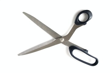 top view of a pair of black colored plastic open scissors isolated on white background
