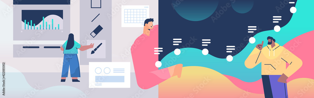 Poster designers team creating website user interface graphic design ui creative service concept