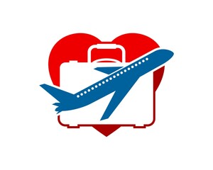 Love shape with travel bag and flying plane inside