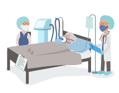 Elderly woman on breathing apparatus in hospital bed with Coronavirus