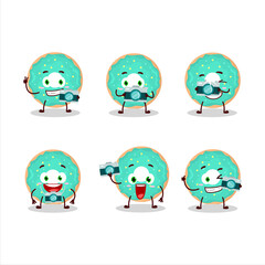 Photographer profession emoticon with vanilla blue donut cartoon character
