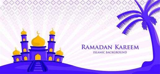 Background Ramadan Kareem, With mosque illustration and gold purple combined white color perfect for greetings card on moon ramadan