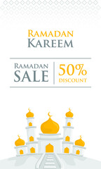 Background Ramadan Kareem for ramadan sale banner, With mosque illustration and gold combined white color perfect for greetings card on moon ramadan