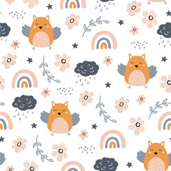 Seamless pattern with owl, cloud and rainbow in the sky.