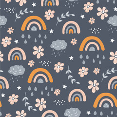 Seamless pattern with owl, cloud and rainbow in the sky.