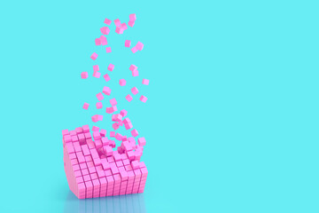 Abstract creative modern pastel pink and blue 3D background a three-dimensional cube lying on its side and exploding small cube particles flying out of it. 3d illustration