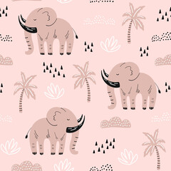 Seamless pattern with hand drawn elephants