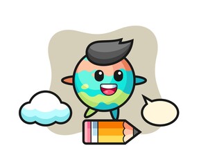 bath bomb mascot illustration riding on a giant pencil