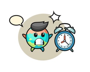 Cartoon Illustration of bath bomb is surprised with a giant alarm clock
