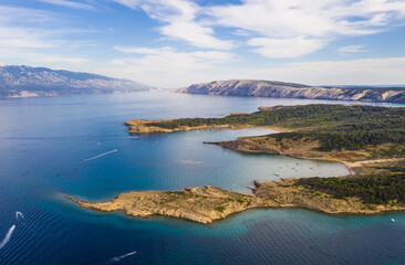 Aerial vire of stunning coast with sandy beach in the Lopar area of the Rab island by the Adriatic sea in Dalmatia, Croatia