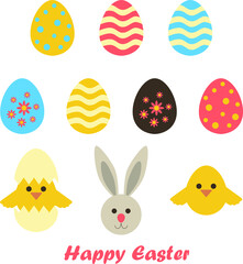 Happy Easter set eggs bunny birds
