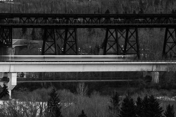 blurred train in black and white