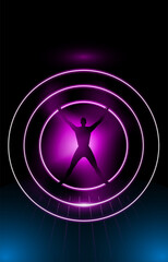 A silhouette of a person in a portal in virtual reality. Vector abstract background in cyberpunk style. Vertical banner or cover template.
