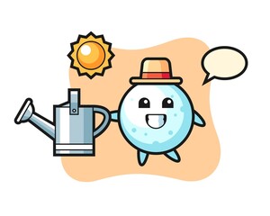 Cartoon character of snow ball holding watering can