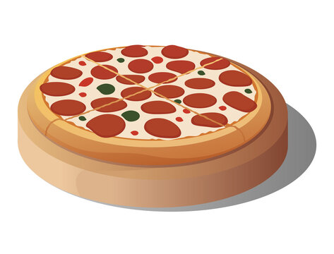 Pizza that has been cut into quarters on a round cutting board