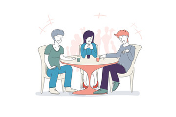 Casual time for friends meeting, friends enjoying at cafeteria, cartoon vector illustration