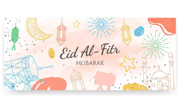 Eid Al Fitr mubarak, hand painted in pastel colors. doodle style. Horizontal poster, greeting card, header for website