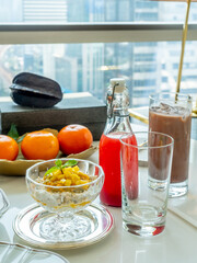 Breakfast muesli with mango in luxury hotel