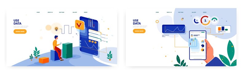 Use data landing page design, website banner vector template set. Businessman analysing data on mobile phone.