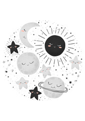 Vector illustration with cute hand drawn cartoon space objects sun, moon, planets and stars isolated on white background. Design for poster, card, print, baby room decoration