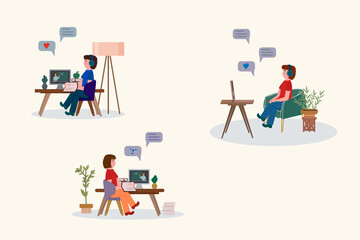 Vector illustration of distance education. Banner of Distance education for students. Children learn from computers at home. Online education, university training. Vector illustration