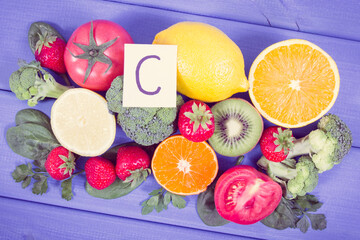 Vintage photo, Ripe fruits and vegetables as sources vitamin C, dietary fiber and minerals, strengthening immunity concept