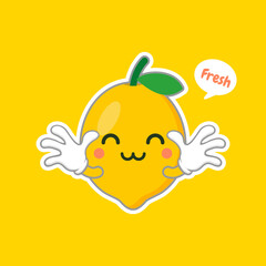 cute and kawaii lemon cartoon character in flat style. fresh lemon fruits on summer season. Funny lemon character logo. can be used in restaurant menu, cooking books and organic farm label