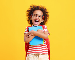 Cheerful little ethnic schoolchild with backpack and textbooks in yellow studio