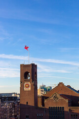 View of the Tower of the Berlage Exchange Building on Damrak Street in the Center of Amsterdam