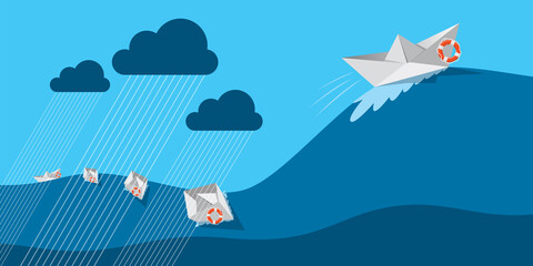 origami ship sailing through rain, wind and wave. surviving tough time, business resilience or life resilience concept