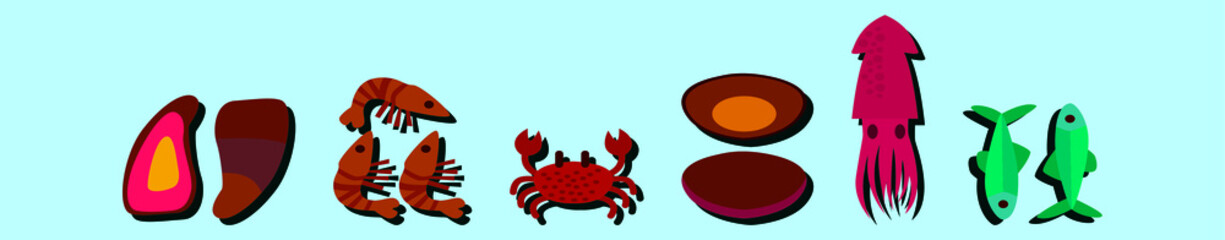 set of sea food cartoon icon design template with various models. vector illustration isolated on blue background