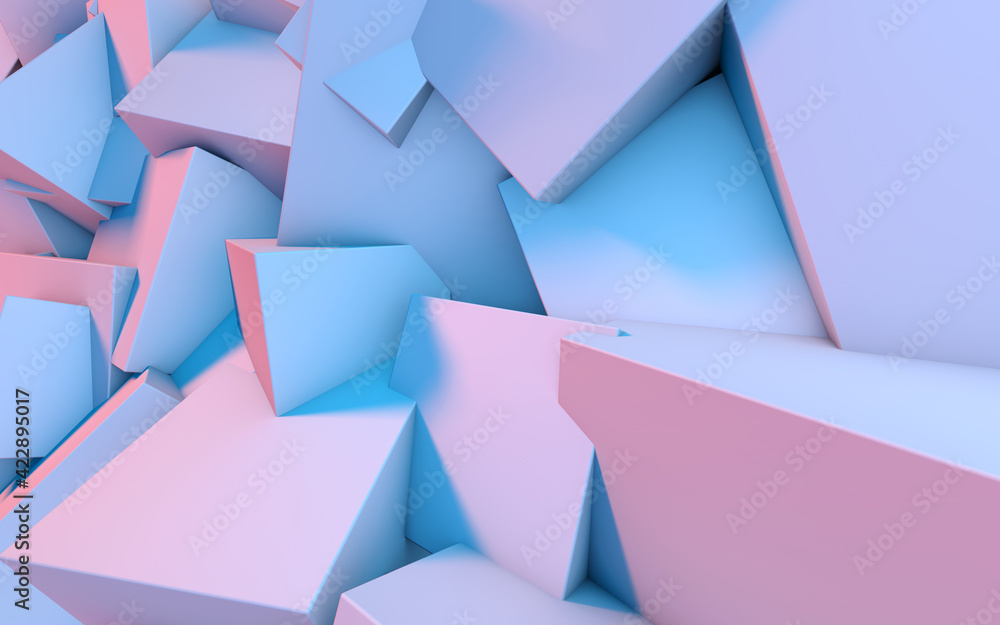 Poster Abstract background with 3D shapes flying in pink and blue light as a messy array or chaotic structure for any pastel backdrop. 3D illustration.