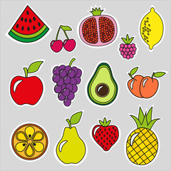 Print apple, cherry, food, fresh, fruit, healthy, icon, illustration, set, strawberry, symbol, vector, banana, collection, design, grape, isolated, lemon, orange, organic, pear, pineapple, raspberry, 