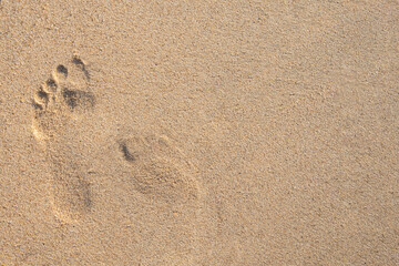 Fototapeta na wymiar footprints on sand at the beach background. Top view