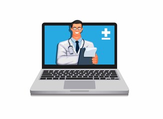 Doctor on laptop, online medical consultation concept illustration vector