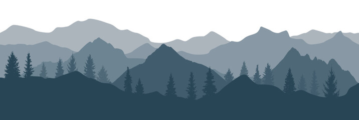 Spruce trees and mountain, silhouettes. Beautiful landscape. Vector illustration.
