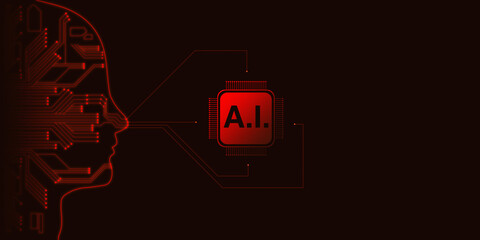 Big data and artificial intelligence concept. Machine learning and cyber mind domination concept. Human head outline with circuit board inside. Connected to the artificial intelligence cpu.
