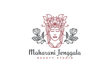 Beauty Woman Logo with Elegant Hairstyle in Linear Concept and Vintage Style for Fashion, Salon, Cosmetic or Beauty Logos