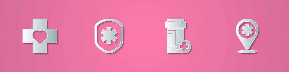 Set paper cut Heart with a cross, Medical shield, Medicine bottle and Map pointer hospital icon. Paper art style. Vector
