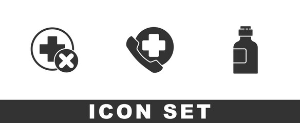 Set Cross hospital medical, Emergency phone call to and Bottle of medicine syrup icon. Vector