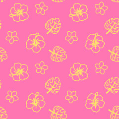 ハイビスカスのシームレスパターン　背景素材　ピンク